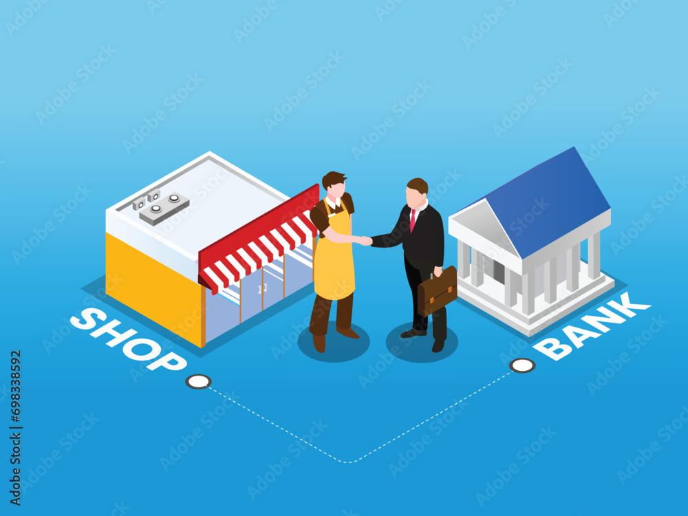 Smal business owner loan to bank isometric 3d vector concept Smal business owner loan to bank isometric 3d vector concept