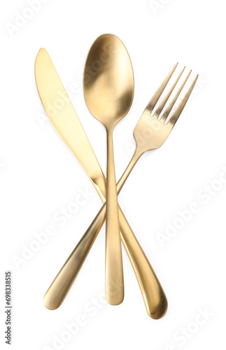 Shiny golden fork, spoon and knife isolated on white. Luxury cutlery