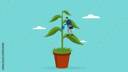 good business strategy management to achieve high business growth flat vector illustration wit businessman watering his plant. investment concept. planting wealth. future success goal illustration