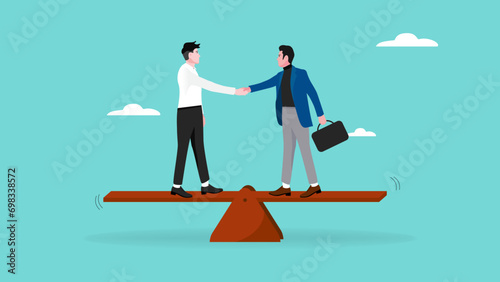 business agreement, cooperation in business to achieve certain targets, with an illustration of two business people shaking hands on seesaw. business balancing concept illustration