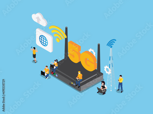 Young people with 5G wifi router technology isometric 3d vector concept