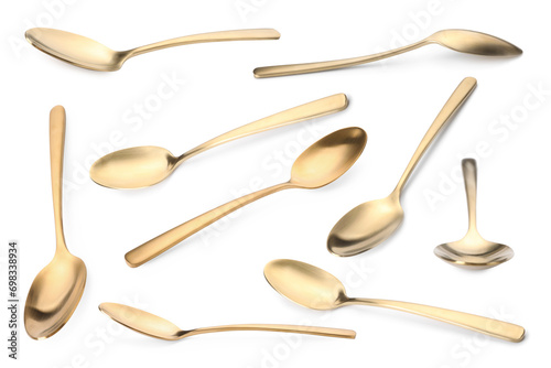 Golden spoon isolated on white, different sides. Kitchen utensil