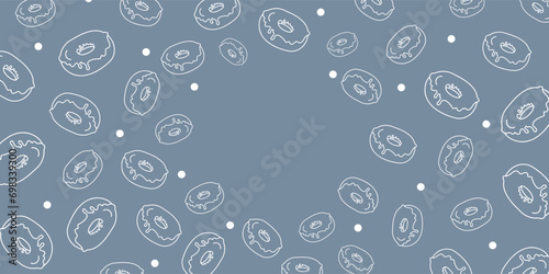 Vector illustration. Contour pattern. Cakes, donuts, croissants, macarons in sketch style. Hand drawn food elements. Desserts and sweets food doodle background with copy space for text.