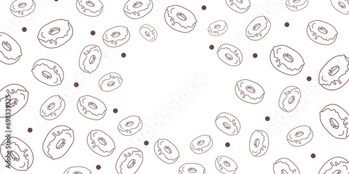 Vector illustration. Contour pattern. Cakes, donuts, croissants, macarons in sketch style. Hand drawn food elements. Desserts and sweets food doodle background with copy space for text.