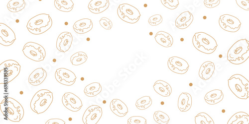 Vector illustration. Contour pattern. Cakes, donuts, croissants, macarons in sketch style. Hand drawn food elements. Desserts and sweets food doodle background with copy space for text.
