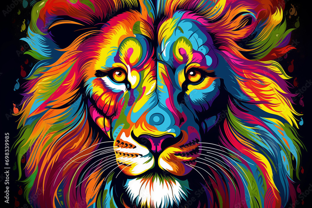 Lion. Abstract, multicolored, neon portrait of a lion looking forward, in the style of pop art on a black background.