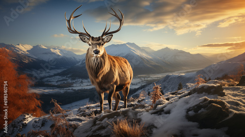 Majestic red deer in the mountains. Dramatic scene.