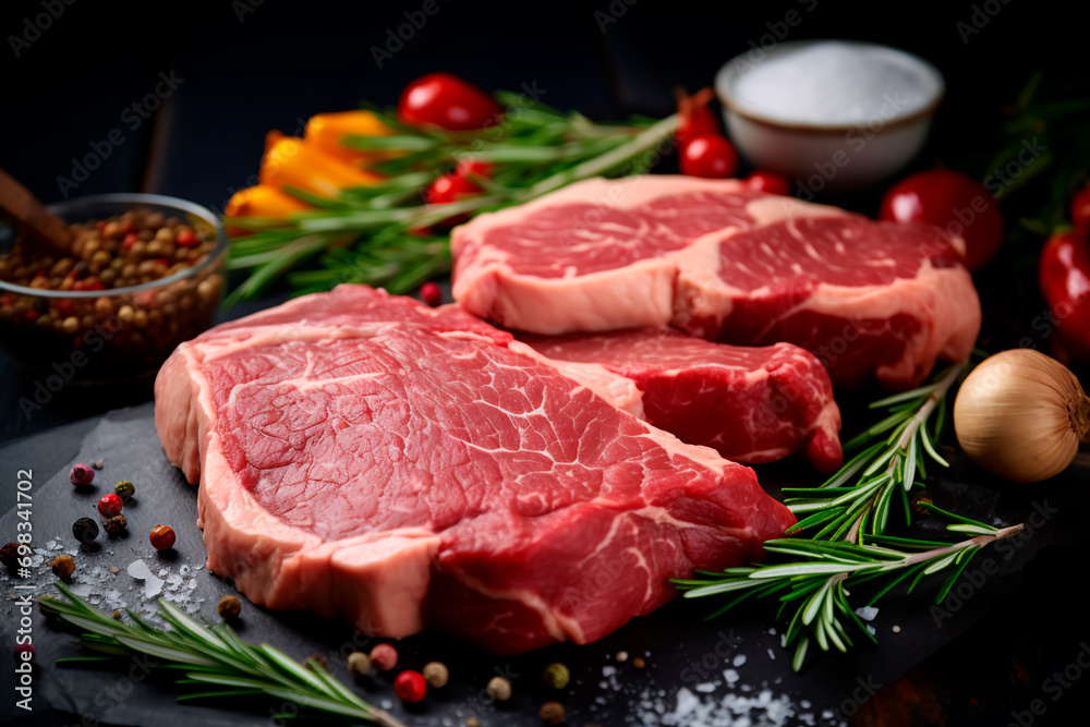 Assortment of raw beef meat steaks ready for grilling, accompanied by seasoning and utensils for a delicious barbecue experience.
Assortment of raw beef meat steaks ready for grilling, accompanied by seasoning and utensils for a delicious barbecue experience.