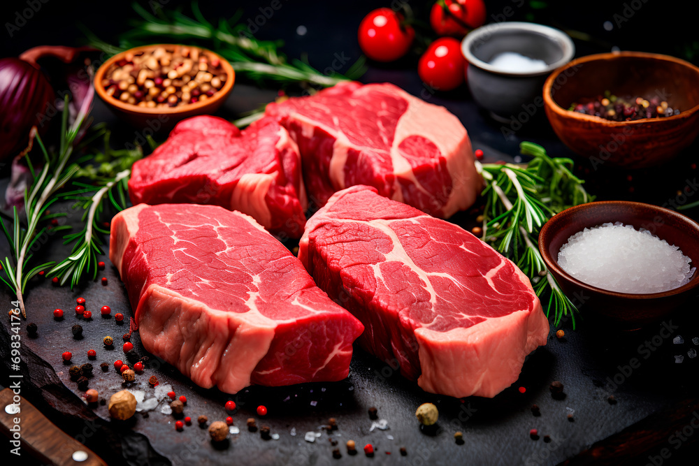 Assortment of raw beef meat steaks ready for grilling, accompanied by seasoning and utensils for a delicious barbecue experience.





