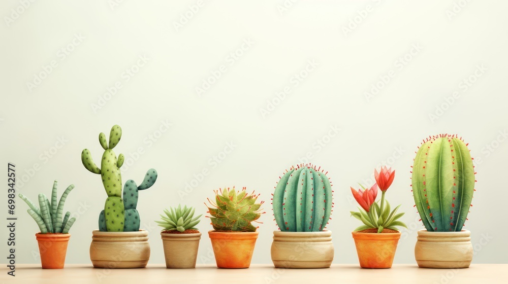 A watercolor style, minimal cartoon illustration of different cactuses, green, craft paper. A watercolor style, minimal cartoon illustration of different cactuses, green, craft paper.