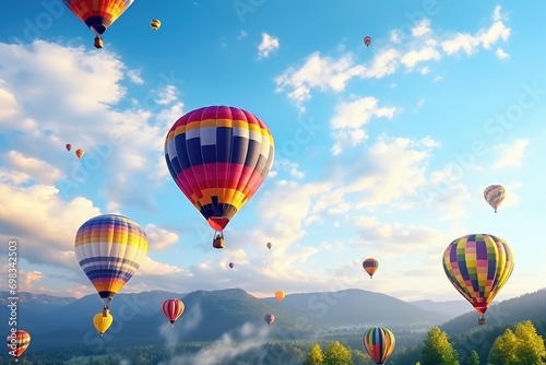 Colorful hot air balloons flying over mountainous landscapes at sunrise