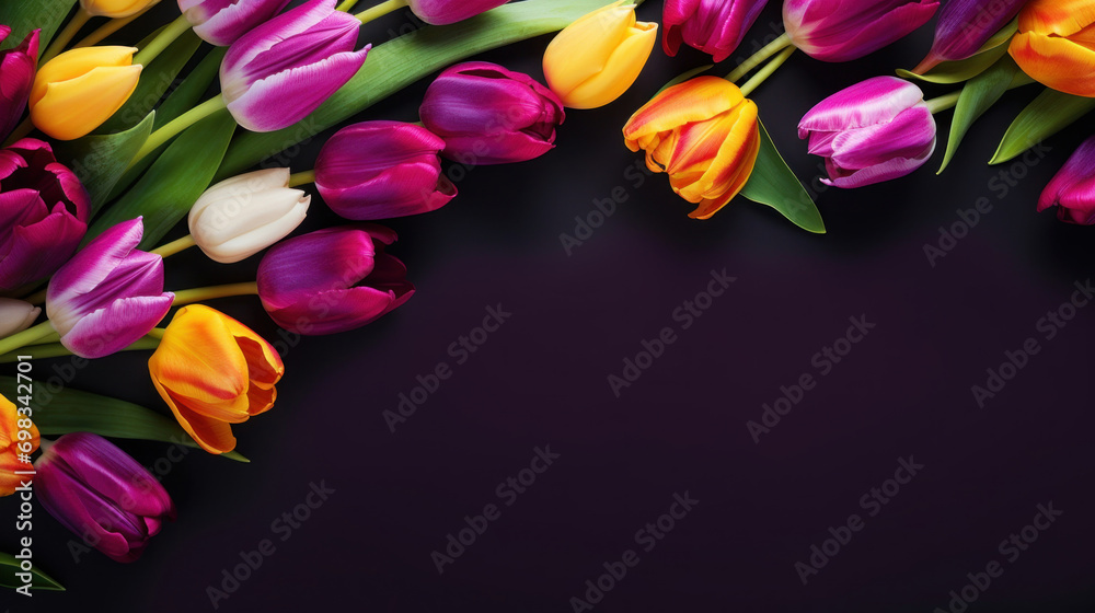 A beautiful arrangement of purple, white, and orange tulips elegantly displayed against a dark background, creating a dramatic contrast.