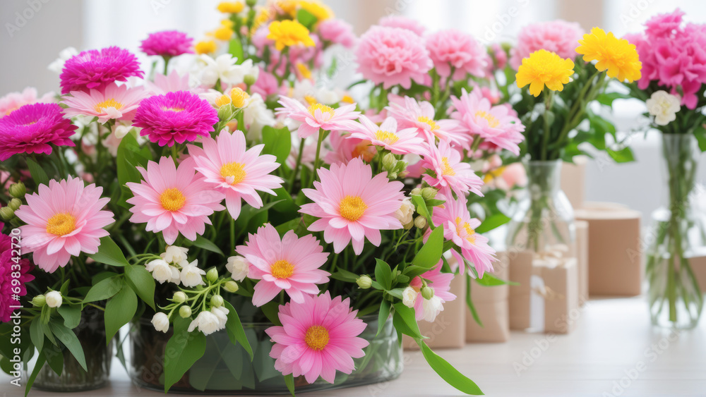 A Colorful Array of Vases Filled with Pink and Yellow Flowers