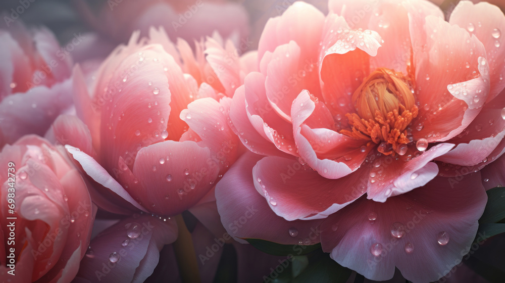 Close-up of coral peonies adorned with water droplets, highlighting the delicate texture and vibrant colors.