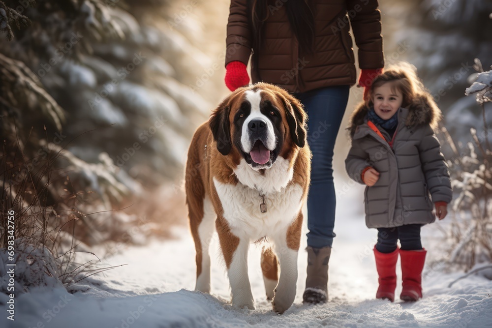 Family Walking With Pet Saint Bernard Dog Along winter Woodland Path Together