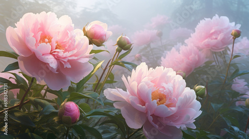 Fototapeta Naklejka Na Ścianę i Meble -  A serene display of pink peonies blooming amidst the soft mist of a tranquil garden setting.