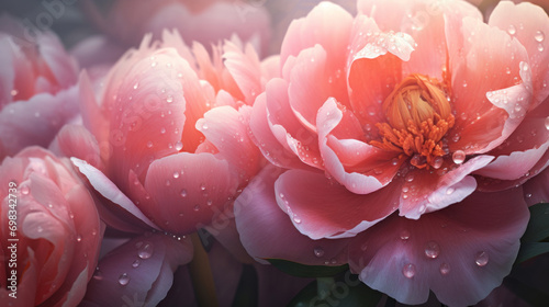 Close-up of coral peonies adorned with water droplets, highlighting the delicate texture and vibrant colors. photo