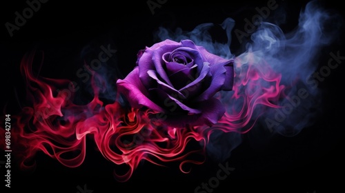 A purple rose enveloped in red smoke, combining natural beauty with a surreal, artistic twist.