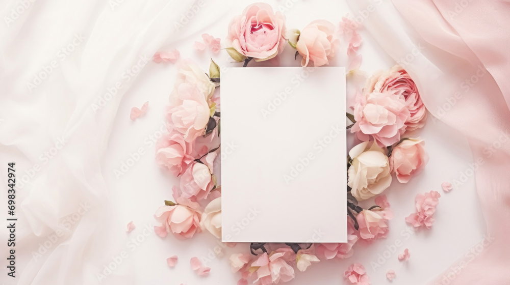 A blank card surrounded by a beautiful arrangement of pink roses and petals, ideal for wedding or invitation concepts.