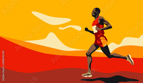 Vector illustration of an African American man running a marathon in the desert sun.