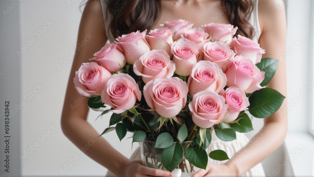 A bride holding a bouquet of pink roses
