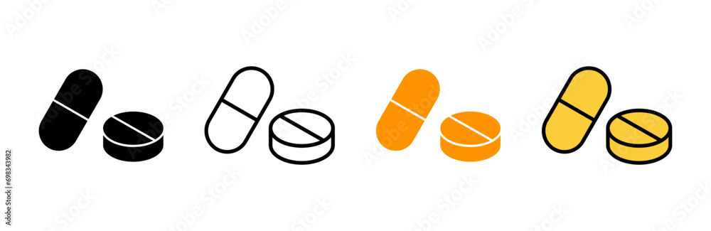 Pills icon set vector. capsule icon. Drug sign and symbol Pills icon set vector. capsule icon. Drug sign and symbol