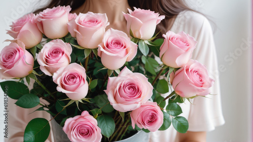 A woman holding a bouquet of pink roses