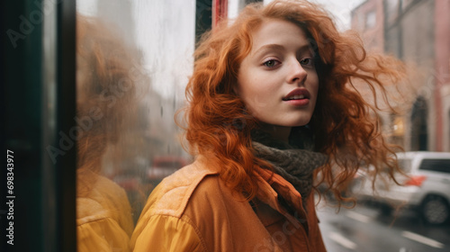 A woman with red hair is standing outside and wearing a yellow jacket and a scarf. She is waiting for a ride or a bus. Her hair is blowing in the wind. © Daniel L