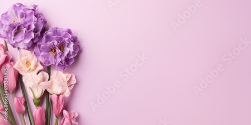 Spring flowers lilac LISIANTHUS AND EUSTOMA. Bouquet of flowers on pastel background. Valentine's Day, Easter, Birthday, Happy Women's Day, Mother's Day. Flat lay, top view, copy space for text