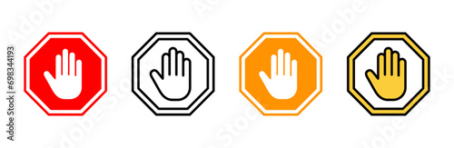 Stop icon set vector. stop road sign. hand stop sign and symbol. Do not enter stop red sign with hand photo