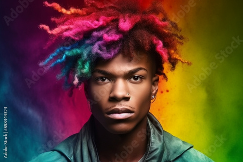 Portrait of attractive black young man with bright colored hair.