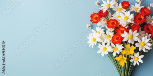 Spring flowers. Bouquet of flowers on pastel background. Valentine's Day, Easter, Birthday, Happy Women's Day, Mother's Day. Flat lay, top view, copy space for text © megavectors