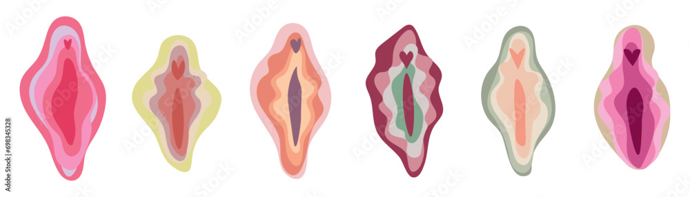 Set of color female vulvas on white background - obrazy, fototapety, plakaty 