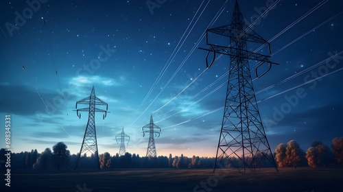 Electricity transmission towers with orange glowing wires the starry night sky. Energy infrastructure concept. photo