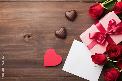 blank card on table with red pink roses