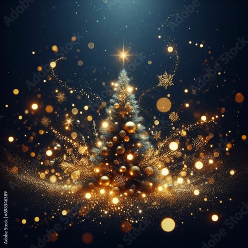 Golden light, shine particles, bokeh, on navy blue background, Holiday concept. Abstract background, Dark blue and gold particle., light, holiday, glitter, blur, shine, glowing