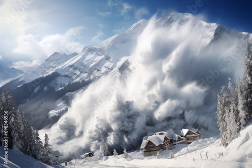 Mountain's Fury: Majestic Avalanche in the Winter Alps, Generative AI illustration