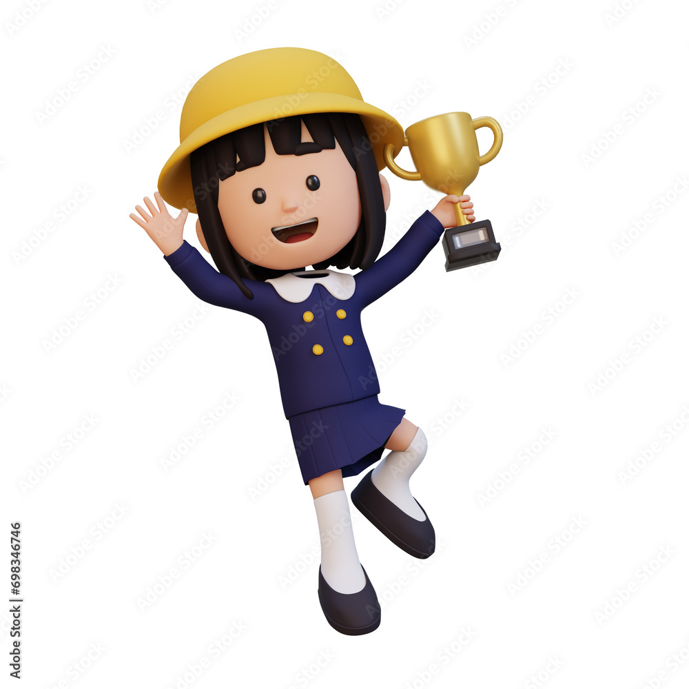 3D girl character celebrating win holding a trophy 3D girl character celebrating win holding a trophy
