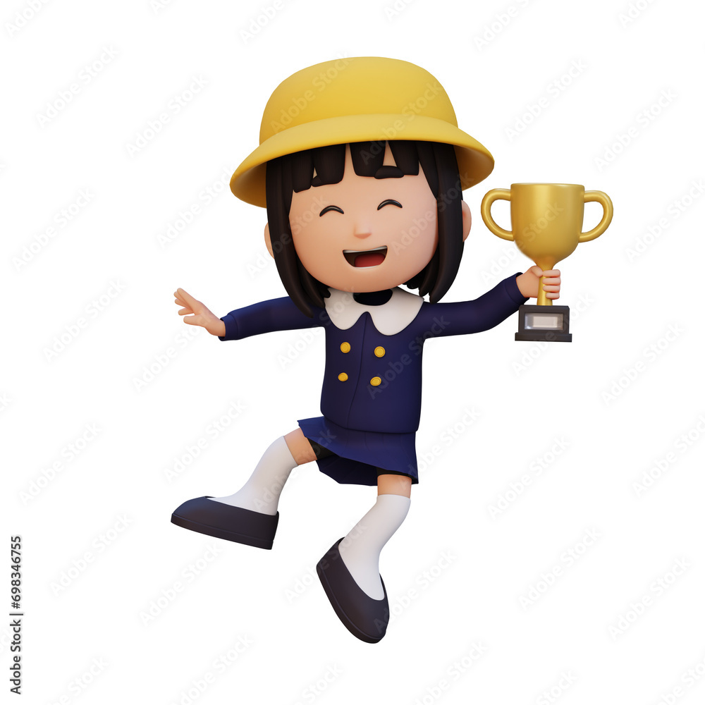 3D girl character celebrating win holding a trophy 3D girl character celebrating win holding a trophy
