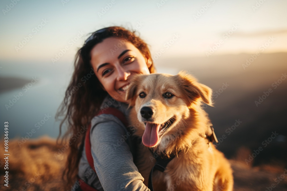 smiling woman hiking and traveling with backpack and dog, happy tourists on slope with epic view