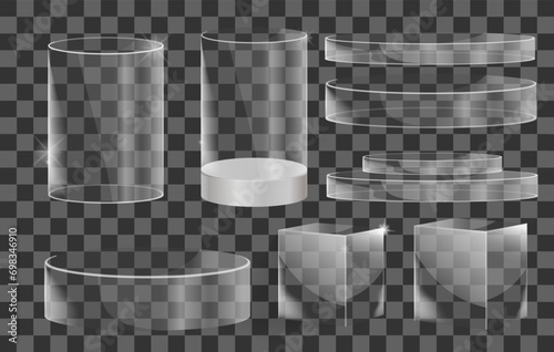 Set of transparent glass podiums on a transparent background. Vector illustration