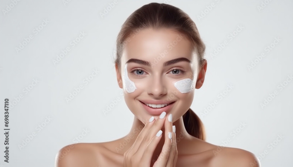 smiling young woman applying facial mask or cream smiling young woman applying facial mask or cream