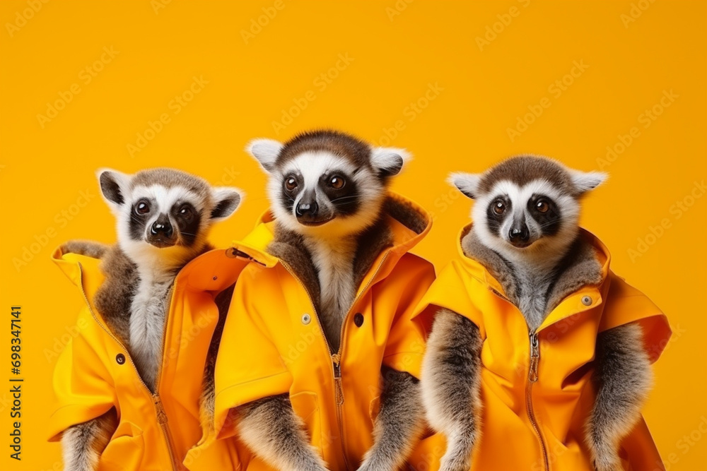 group of lemur wearing clothes on bright solid yellow background 
