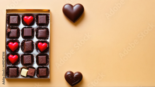 A box of chocolates with chocolate hearts on a table