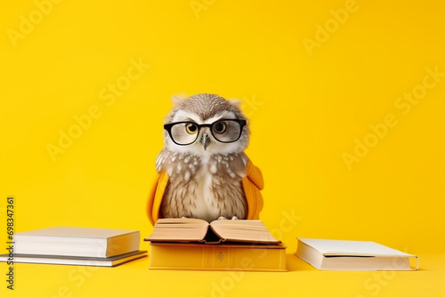 owl in glasses reading book on bright yellow solid background with copy space photo