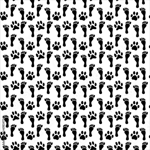 Seamless pattern with footprints of dog and human on white background. Prints of human feet and dog paws. Paw seamless pattern. 