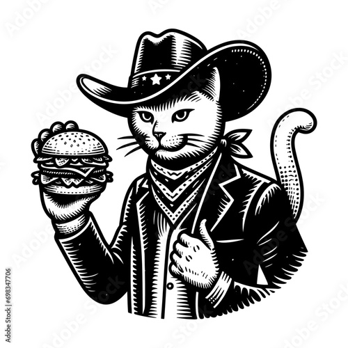 cowboy cat holding a burger vector sketch