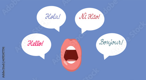 Polyglot Mouth Saying Hello in Many Languages Vector Illustration. Person speaking multiple languages fluently 
 photo