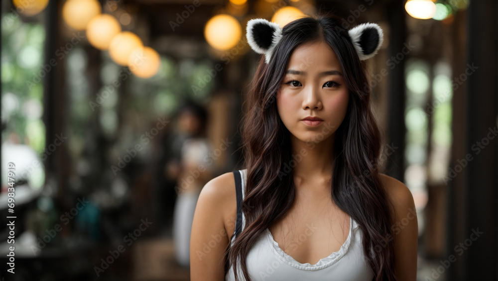 young Asian woman with panda ears