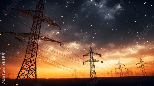 Electricity transmission towers with orange glowing wires the starry night sky. Energy infrastructure concept. photo